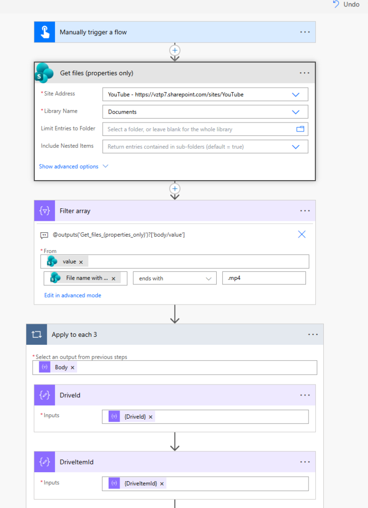 SharePoint document library showing MP4 video files that will be processed by Power Automate